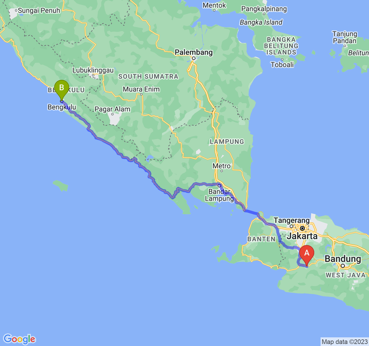 rute perjalanan Kota Sukabumi-Kota Bengkulu