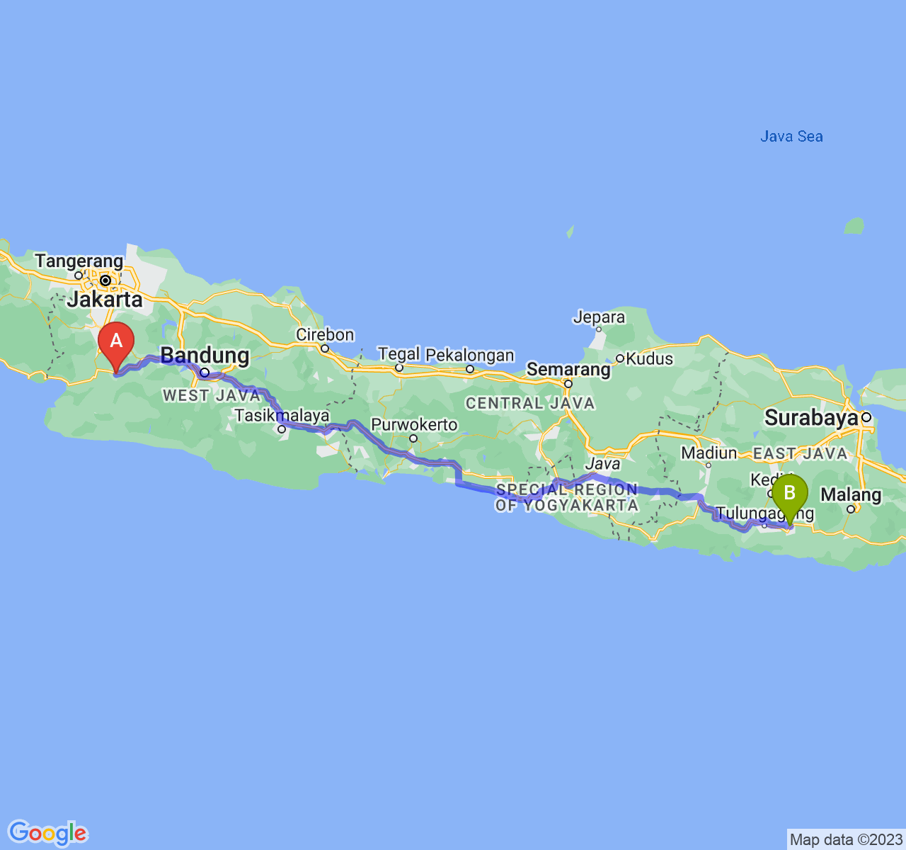 rute perjalanan Kota Sukabumi-Kota Blitar