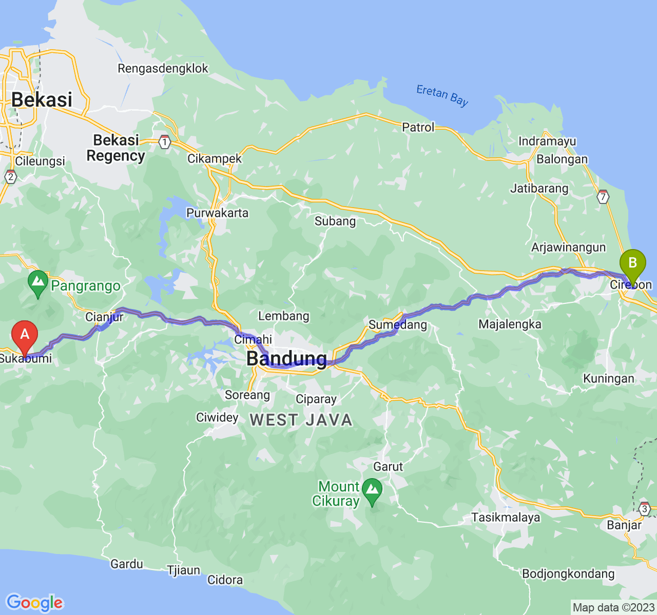 rute perjalanan Kota Sukabumi-Kota Cirebon