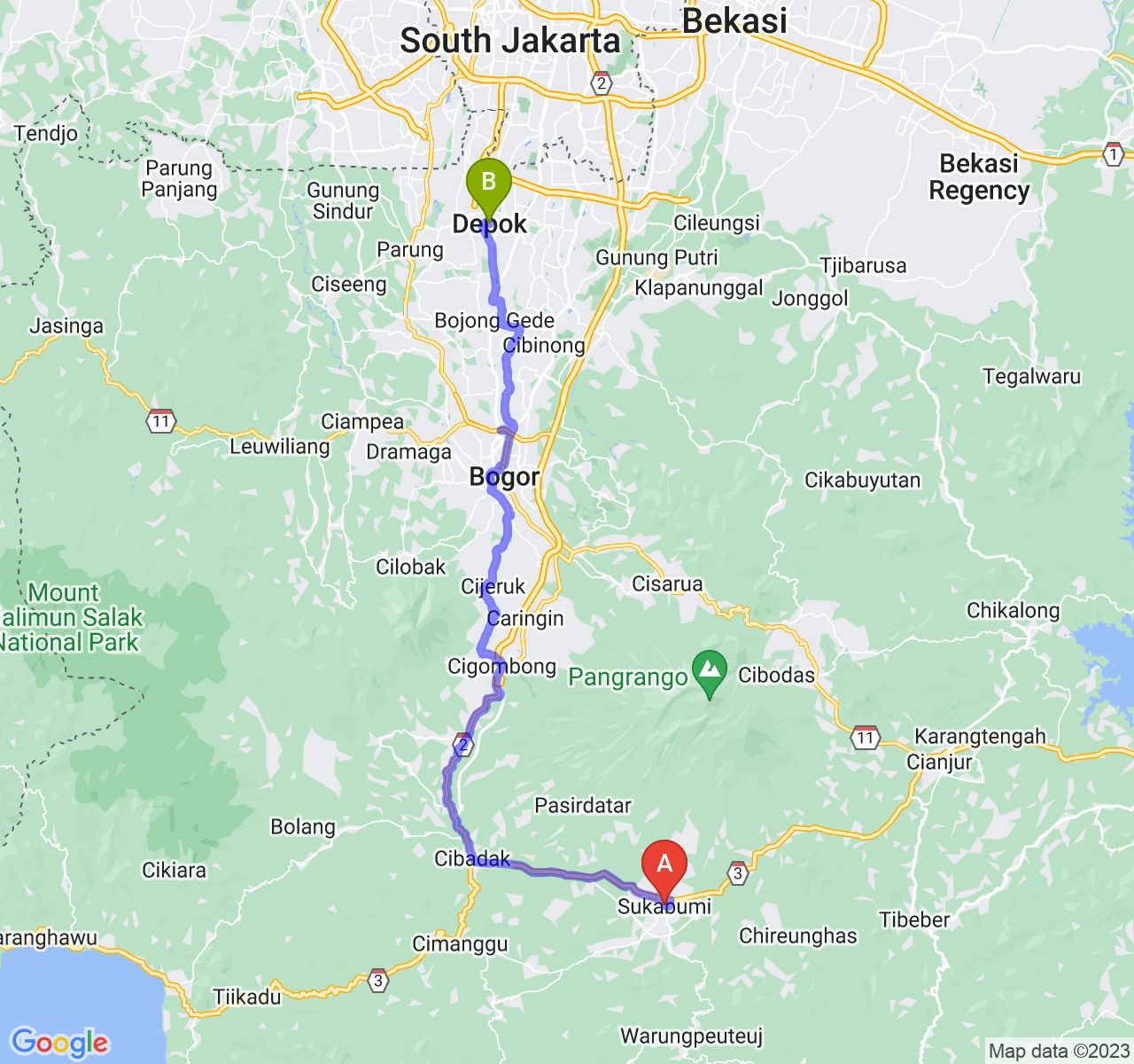 rute perjalanan Kota Sukabumi-Kota Depok