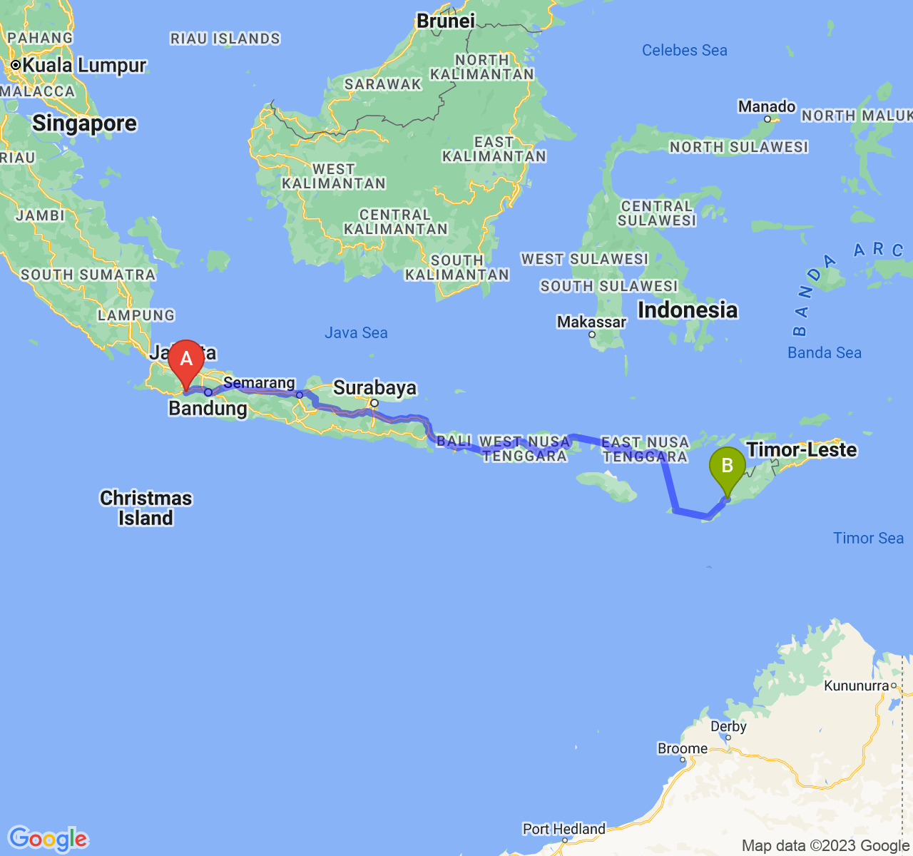 rute perjalanan Kota Sukabumi-Kota Kupang