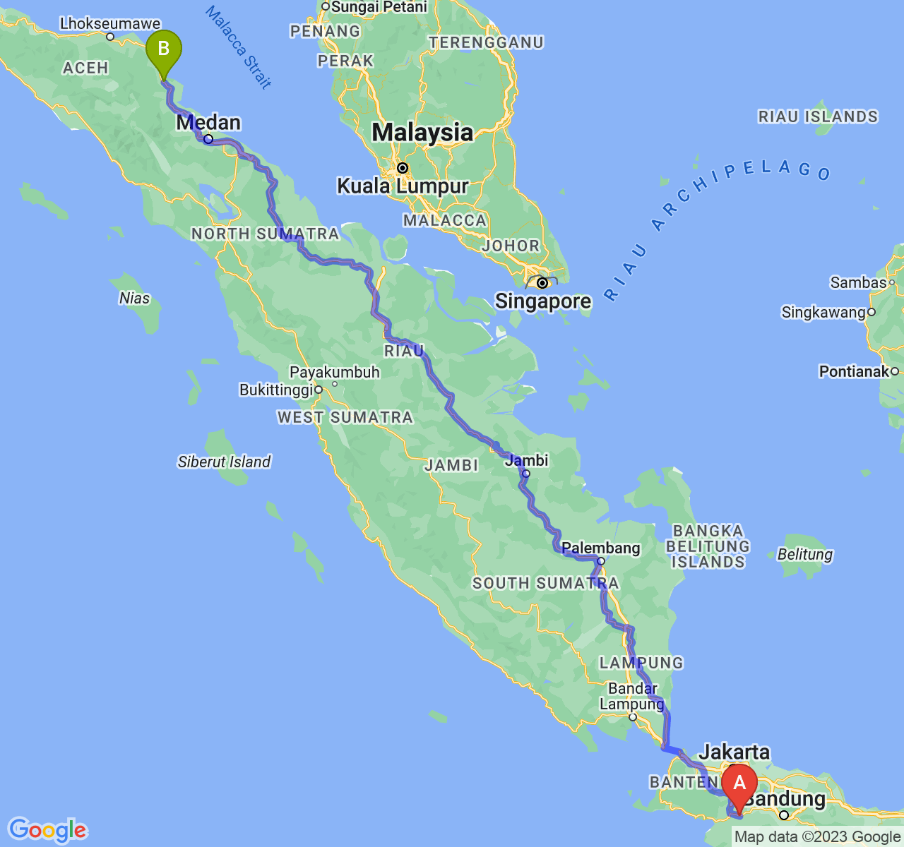 rute perjalanan Kota Sukabumi-Kota Langsa