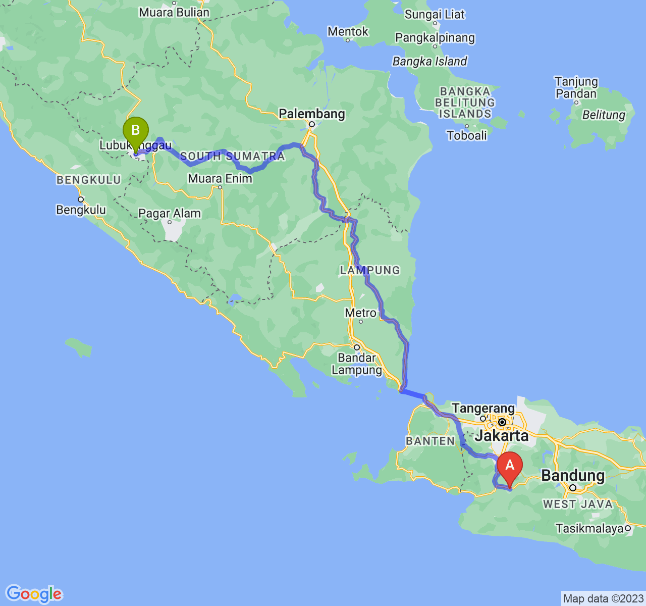 rute perjalanan Kota Sukabumi-Kota Lubuk Linggau