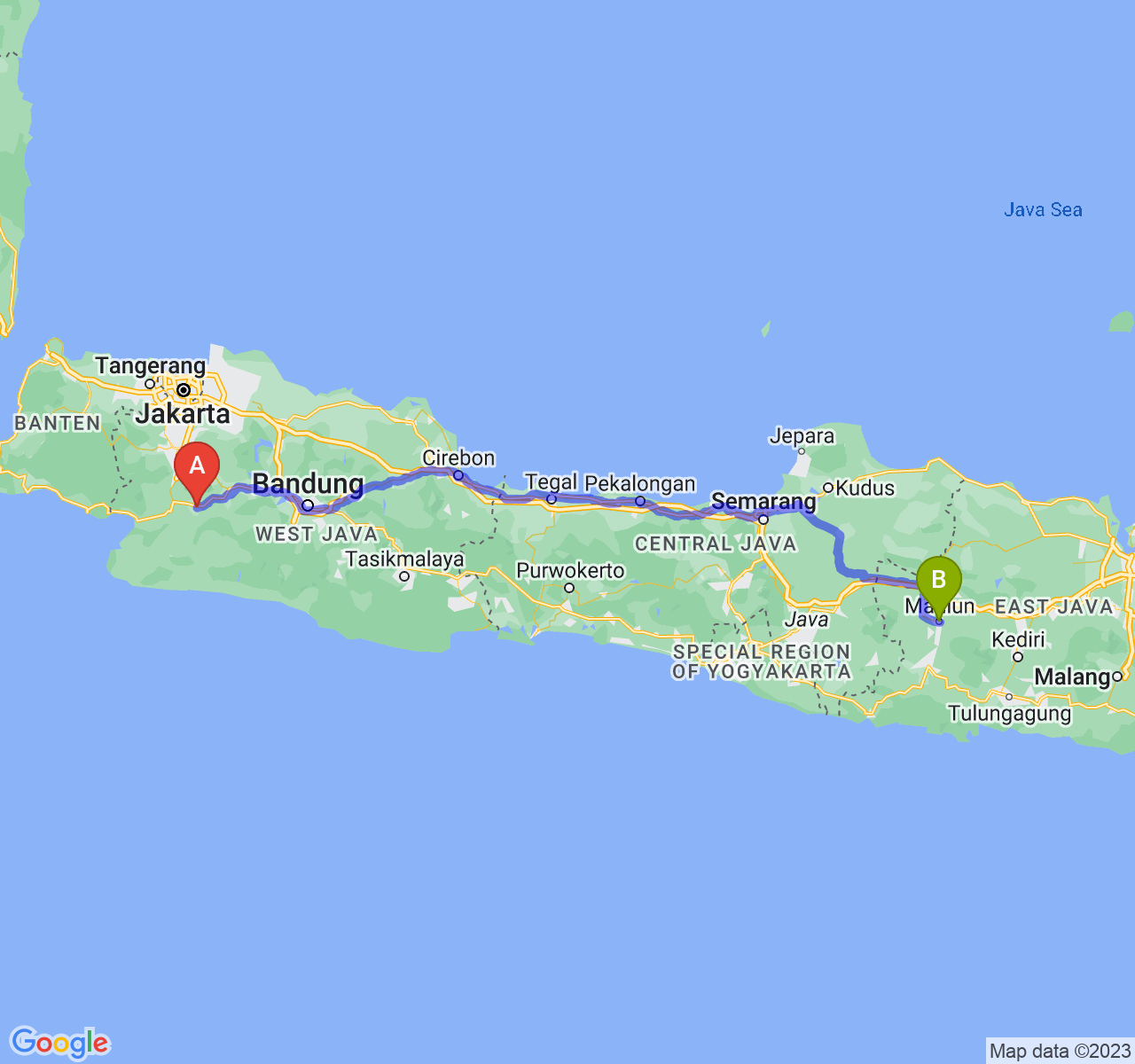 rute perjalanan Kota Sukabumi-Kota Madiun