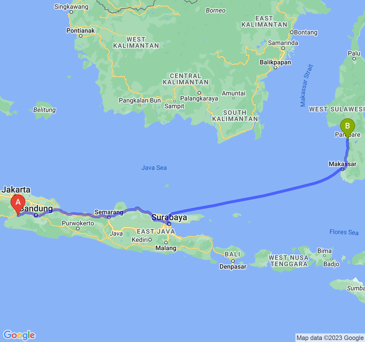 rute perjalanan Kota Sukabumi-Kota Parepare