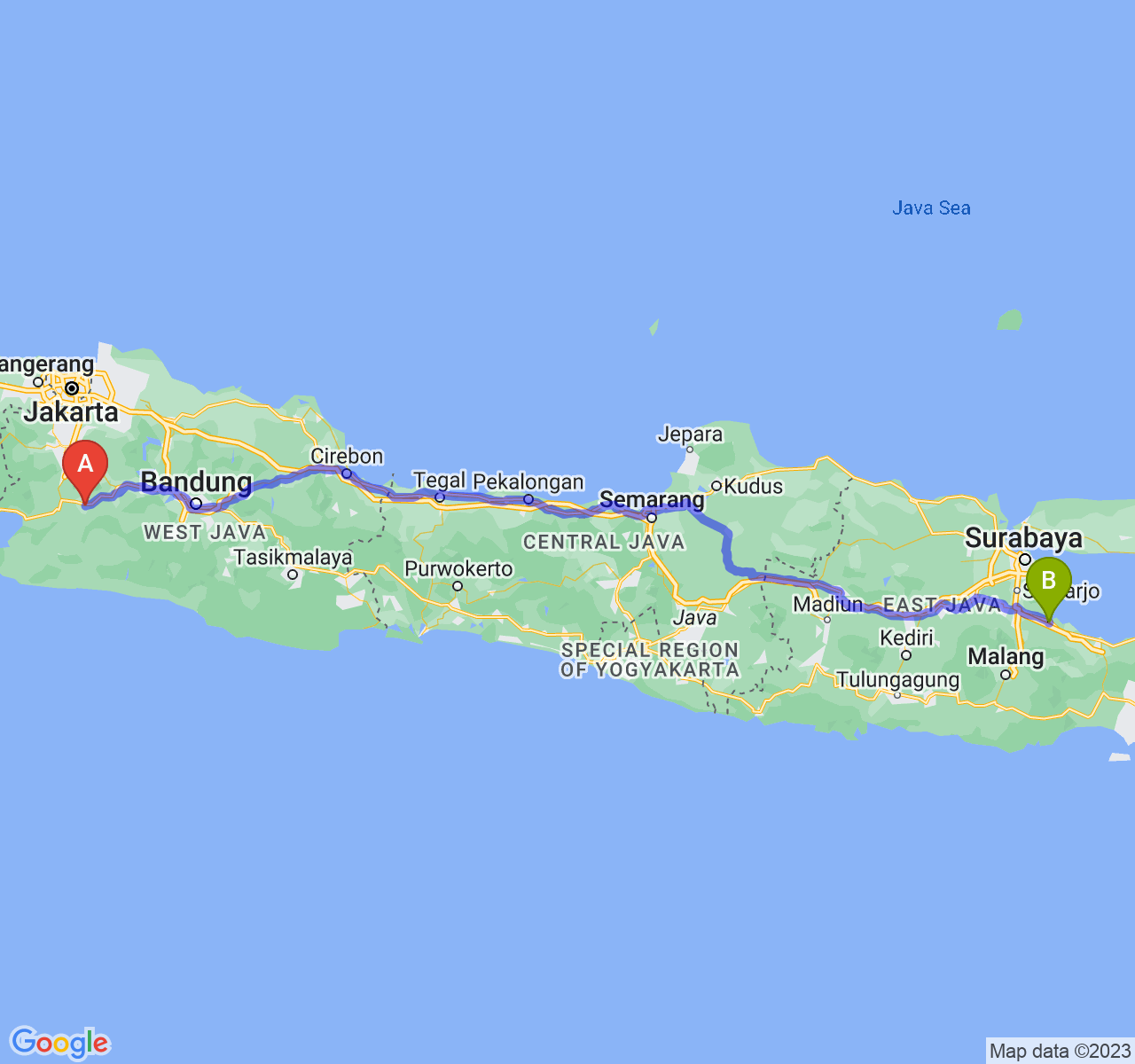 rute perjalanan Kota Sukabumi-Kota Pasuruan