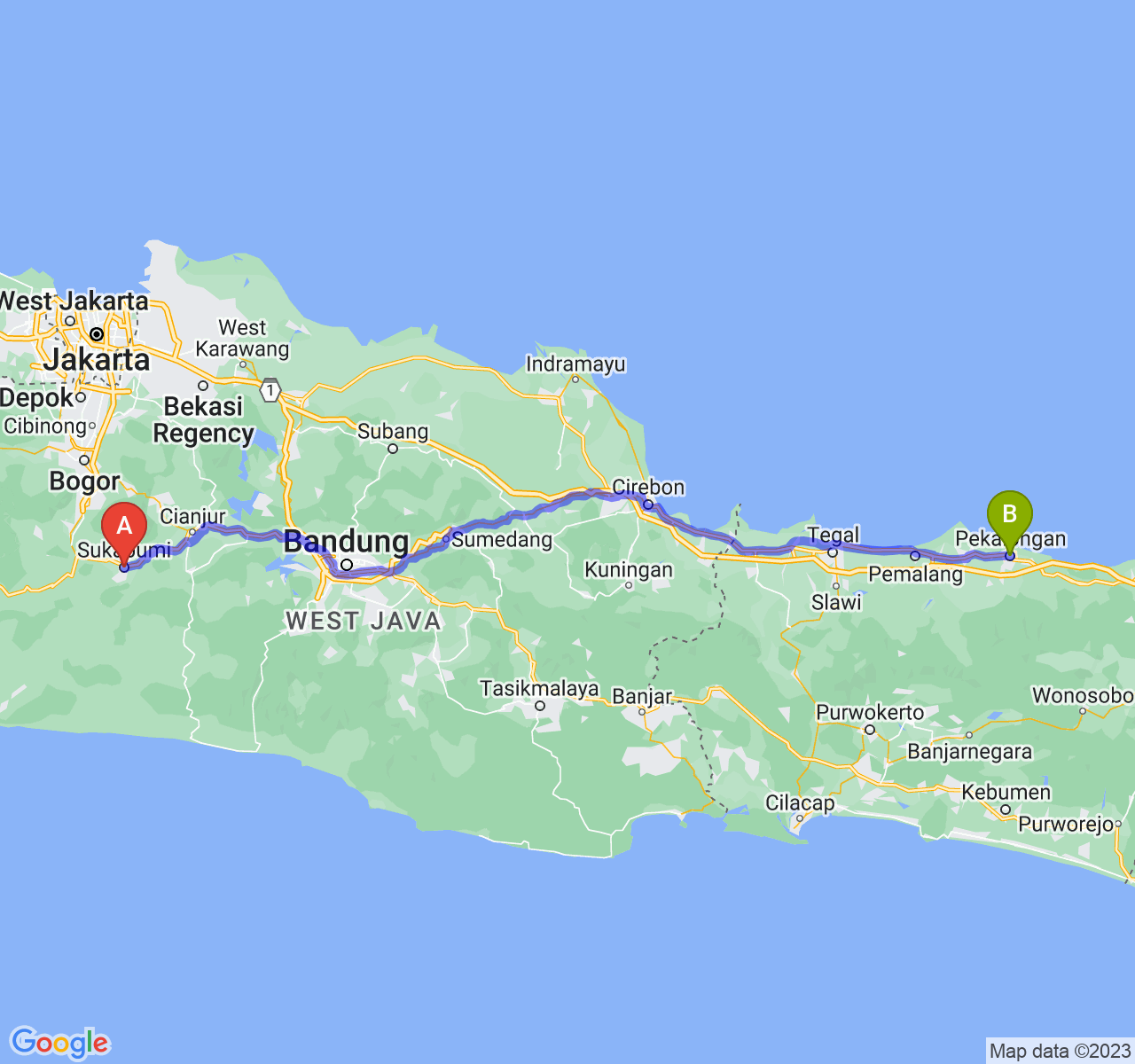 rute perjalanan Kota Sukabumi-Kota Pekalongan