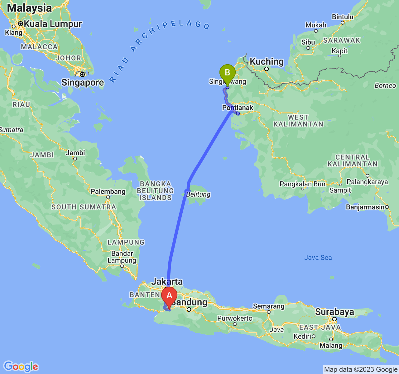 rute perjalanan Kota Sukabumi-Kota Singkawang