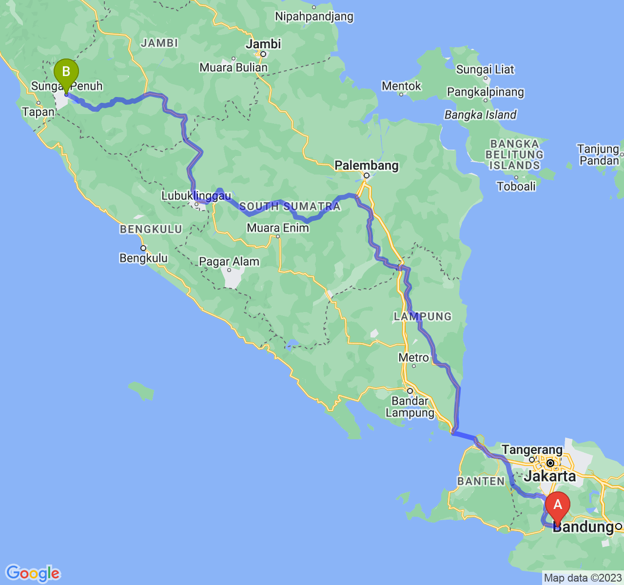 rute perjalanan Kota Sukabumi-Kota Sungai Penuh