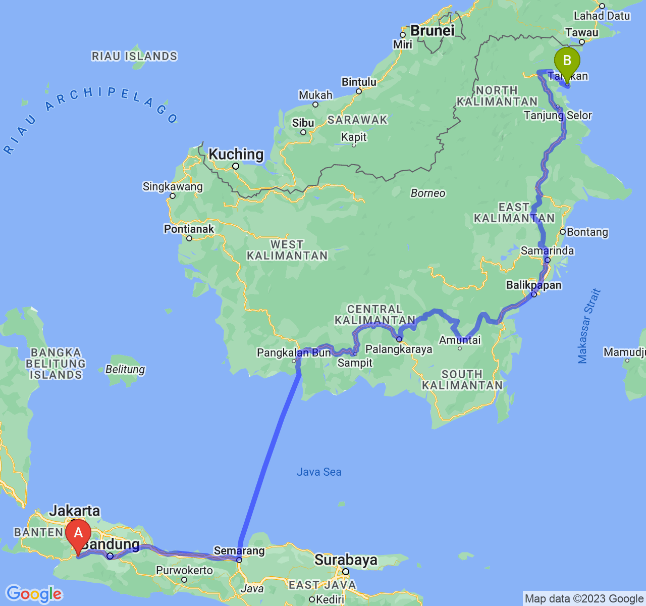 rute perjalanan Kota Sukabumi-Kota Tarakan