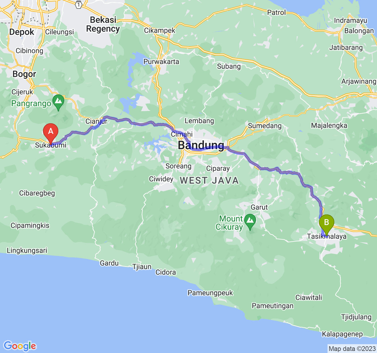 rute perjalanan Kota Sukabumi-Kota Tasikmalaya