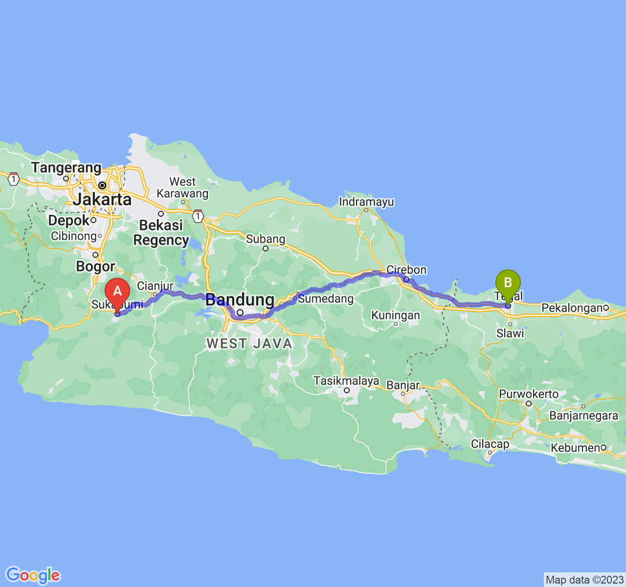 rute perjalanan Kota Sukabumi-Kota Tegal