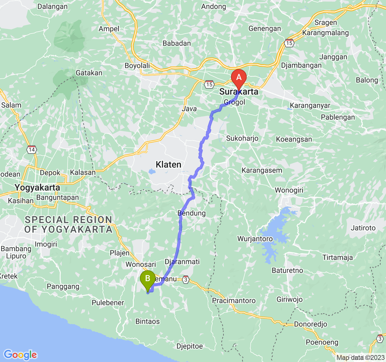 rute perjalanan Kota Surakarta-Kab. Gunung Kidul