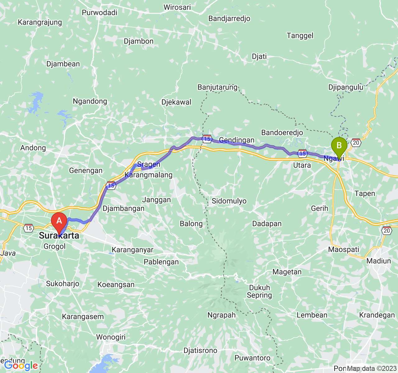 rute perjalanan Kota Surakarta-Kab. Ngawi