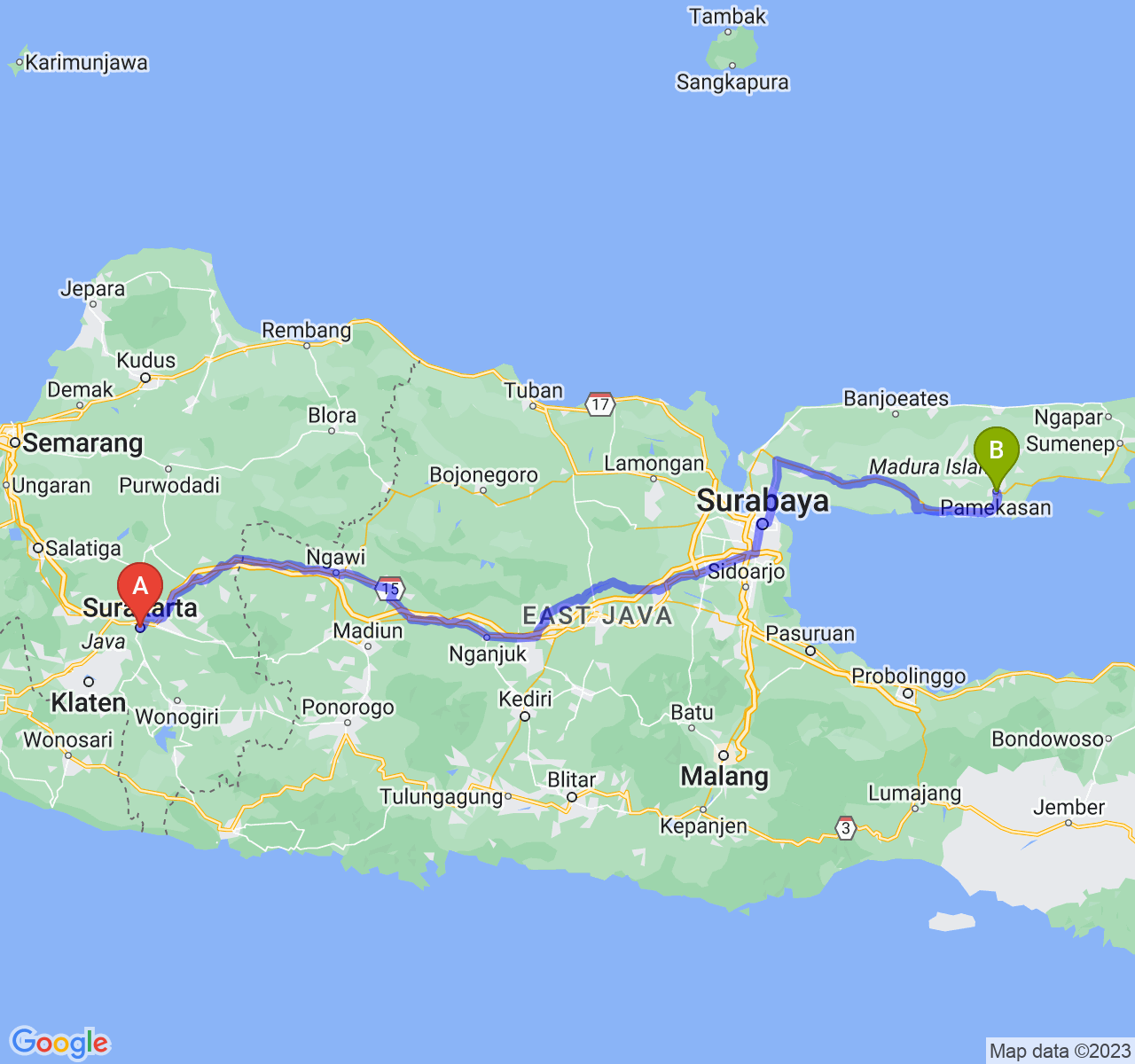 rute perjalanan Kota Surakarta-Kab. Pamekasan