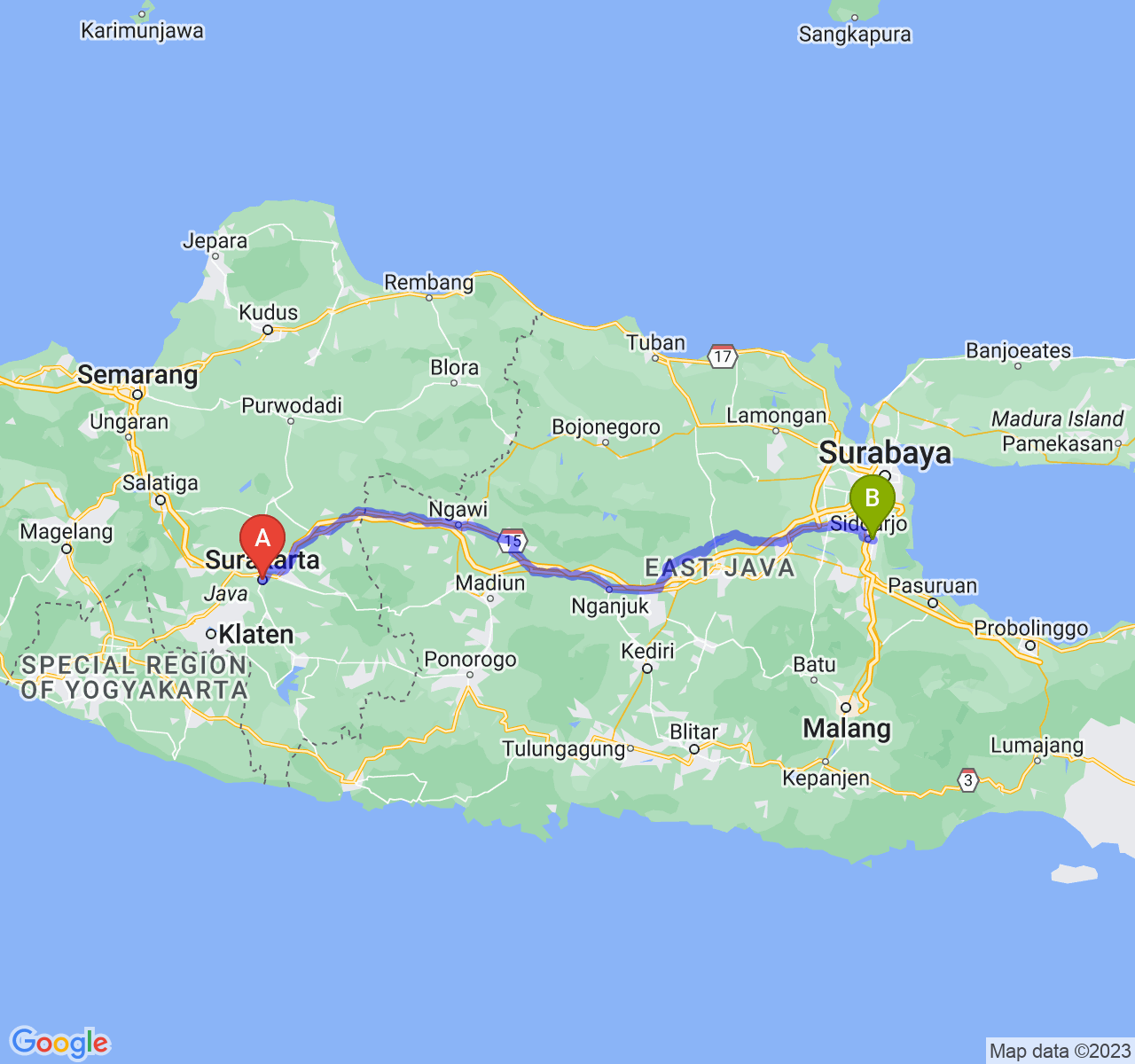 rute perjalanan Kota Surakarta-Kab. Sidoarjo