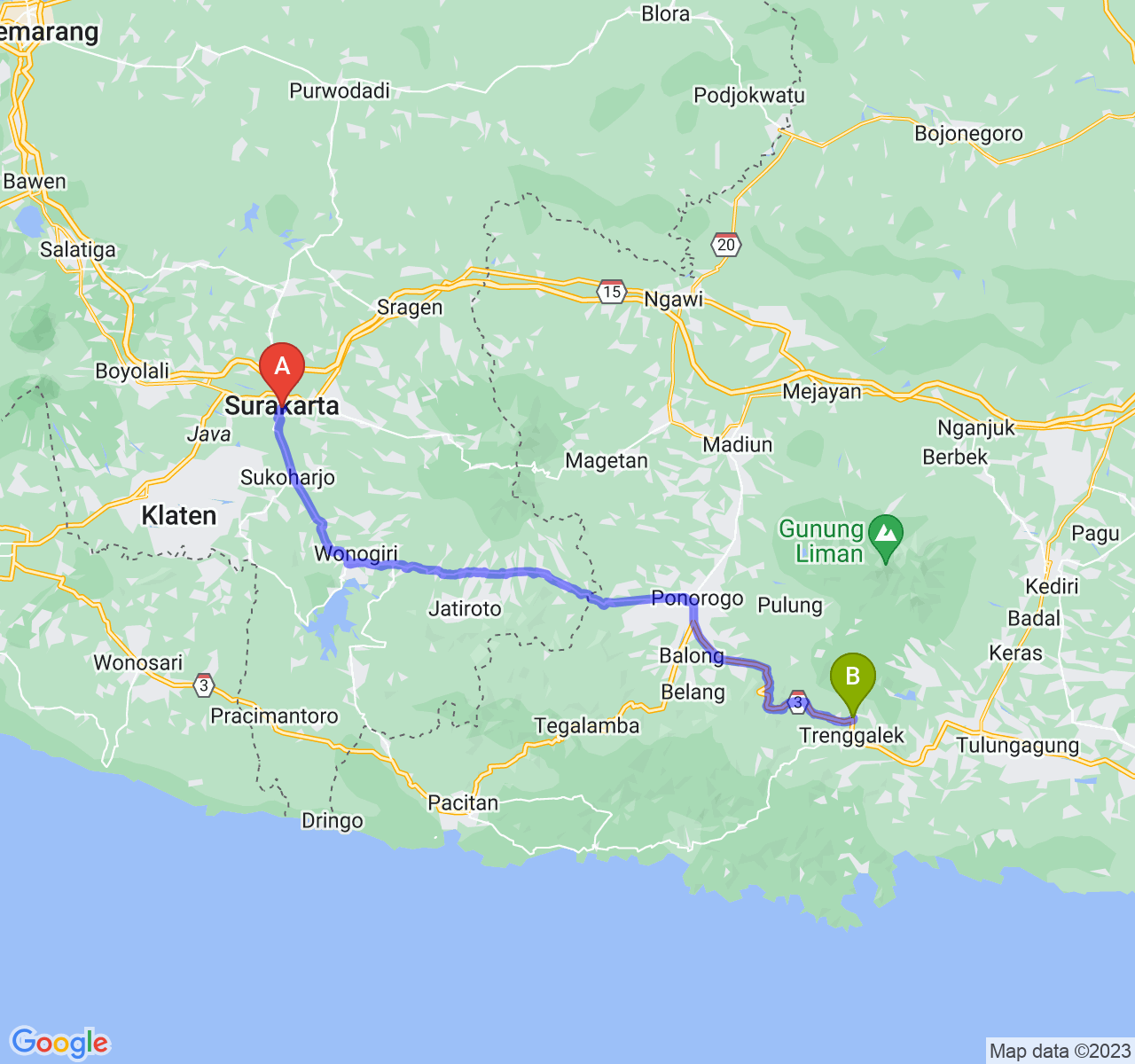 rute perjalanan Kota Surakarta-Kab. Trenggalek