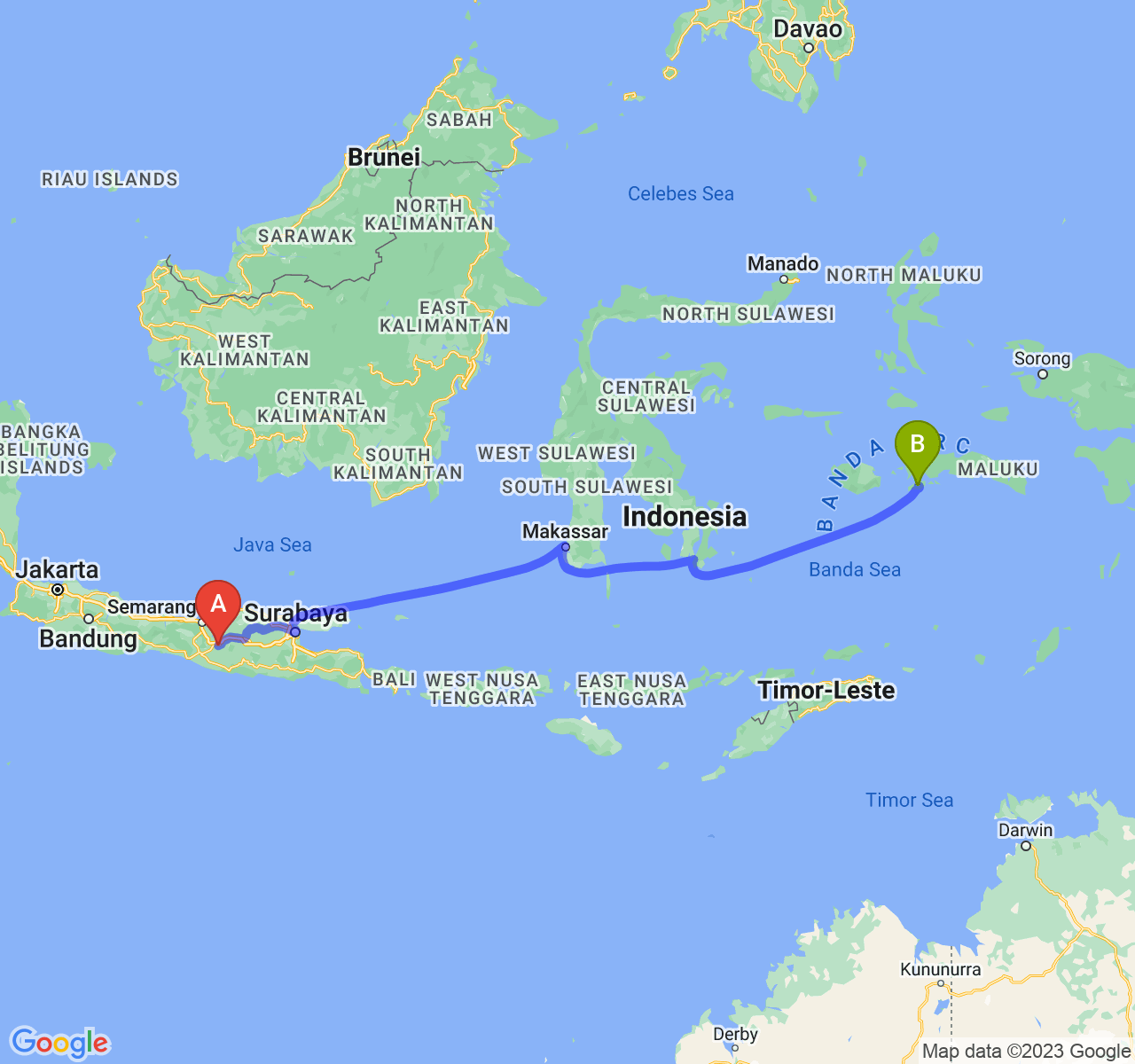 rute perjalanan Kota Surakarta-Kota Ambon