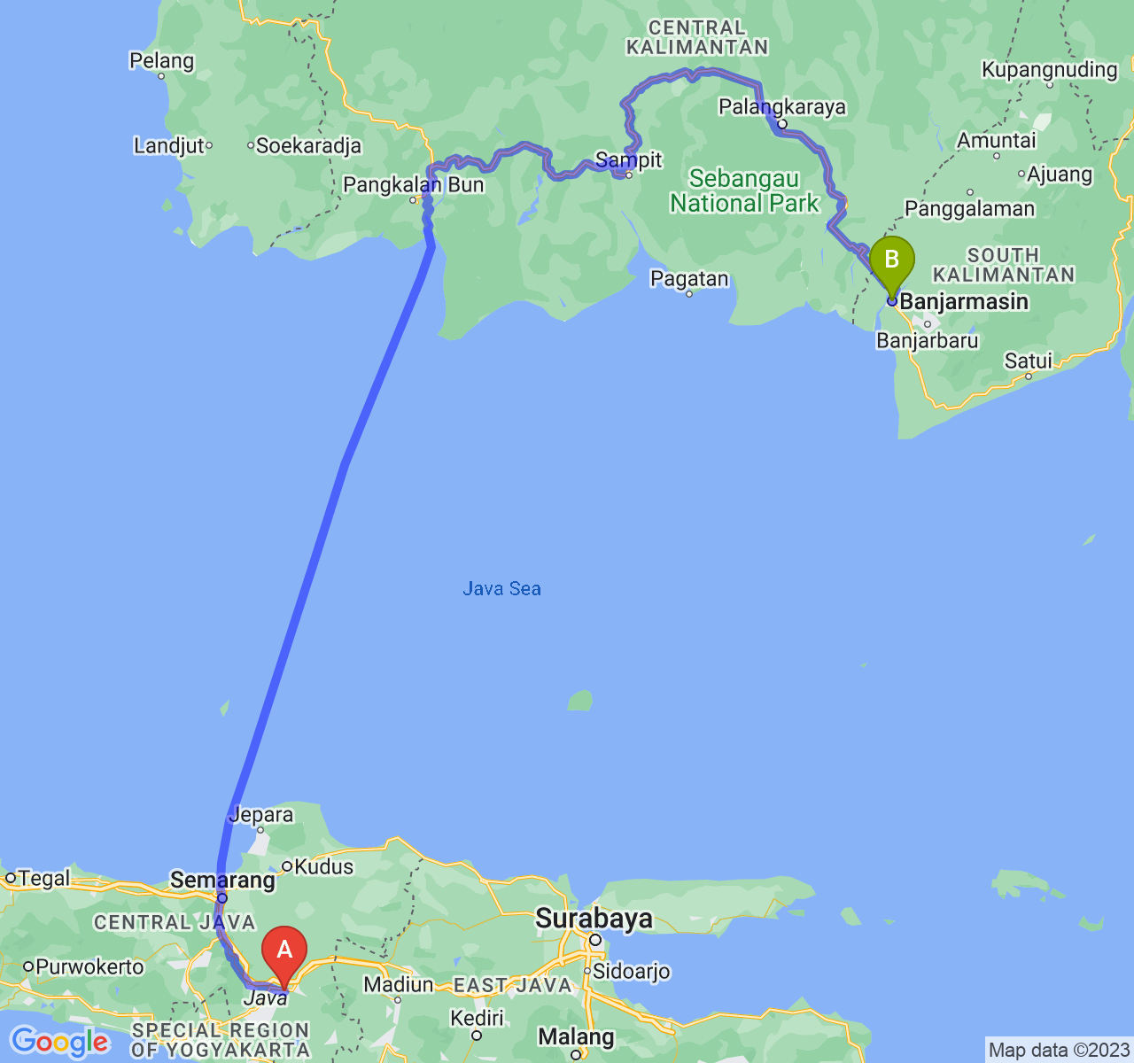 rute perjalanan Kota Surakarta-Kota Banjarmasin