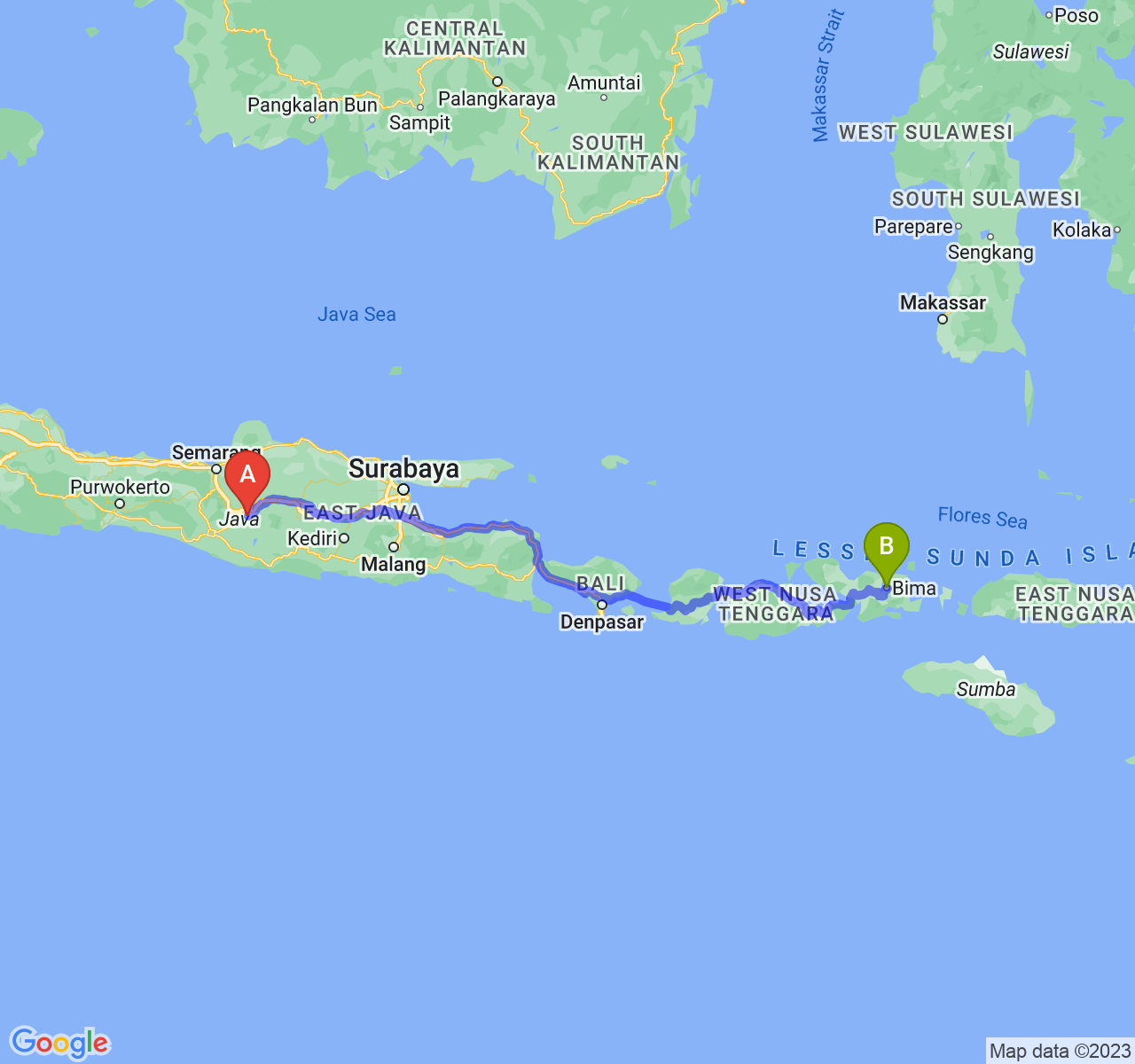 rute perjalanan Kota Surakarta-Kota Bima