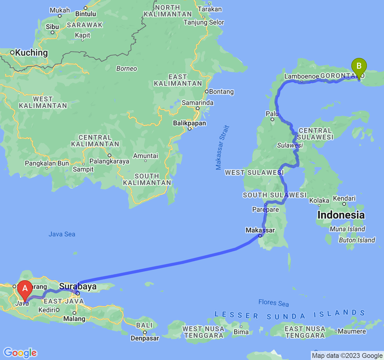 rute perjalanan Kota Surakarta-Kota Gorontalo