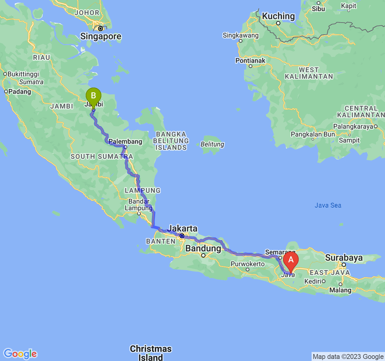 rute perjalanan Kota Surakarta-Kota Jambi