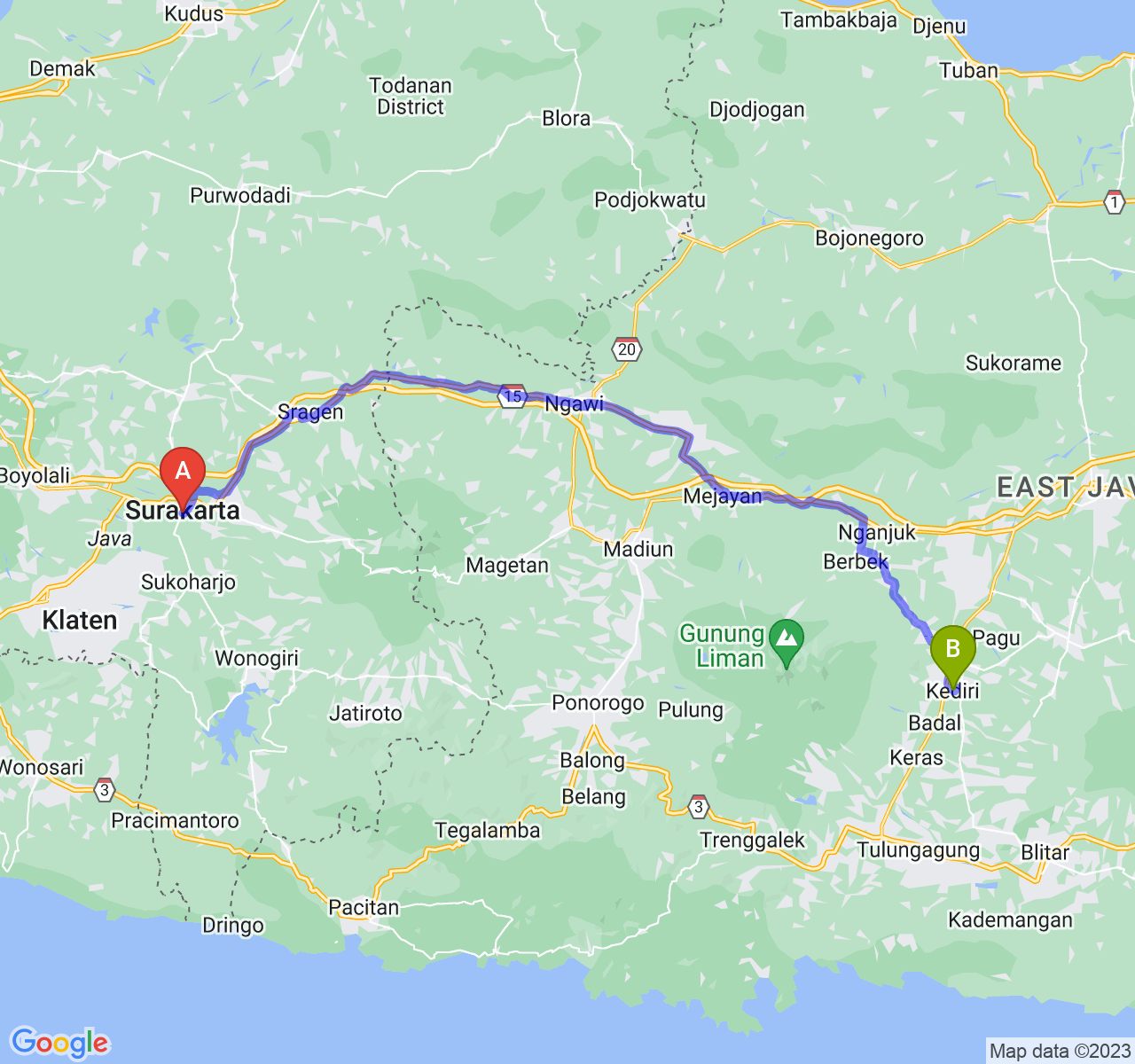 rute perjalanan Kota Surakarta-Kota Kediri