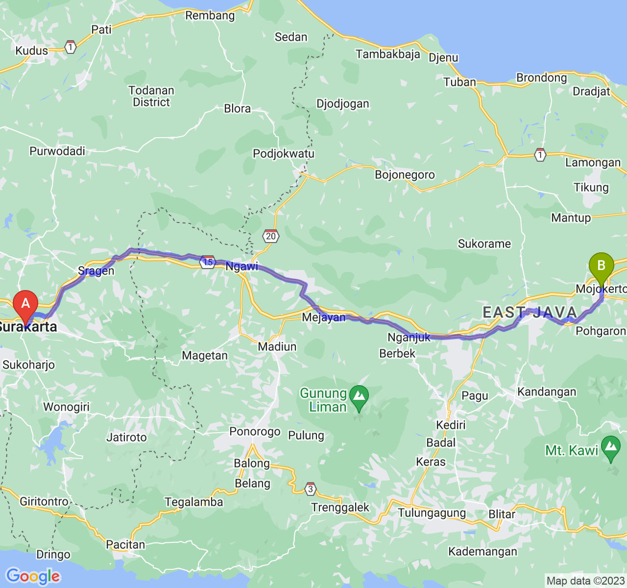 rute perjalanan Kota Surakarta-Kota Mojokerto