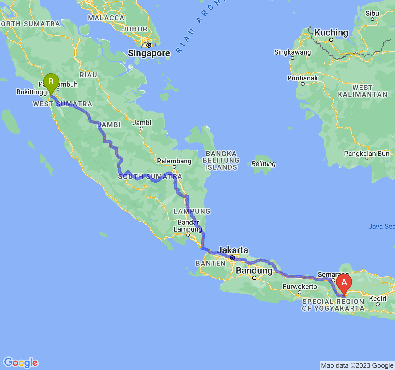 rute perjalanan Kota Surakarta-Kota Padang Panjang