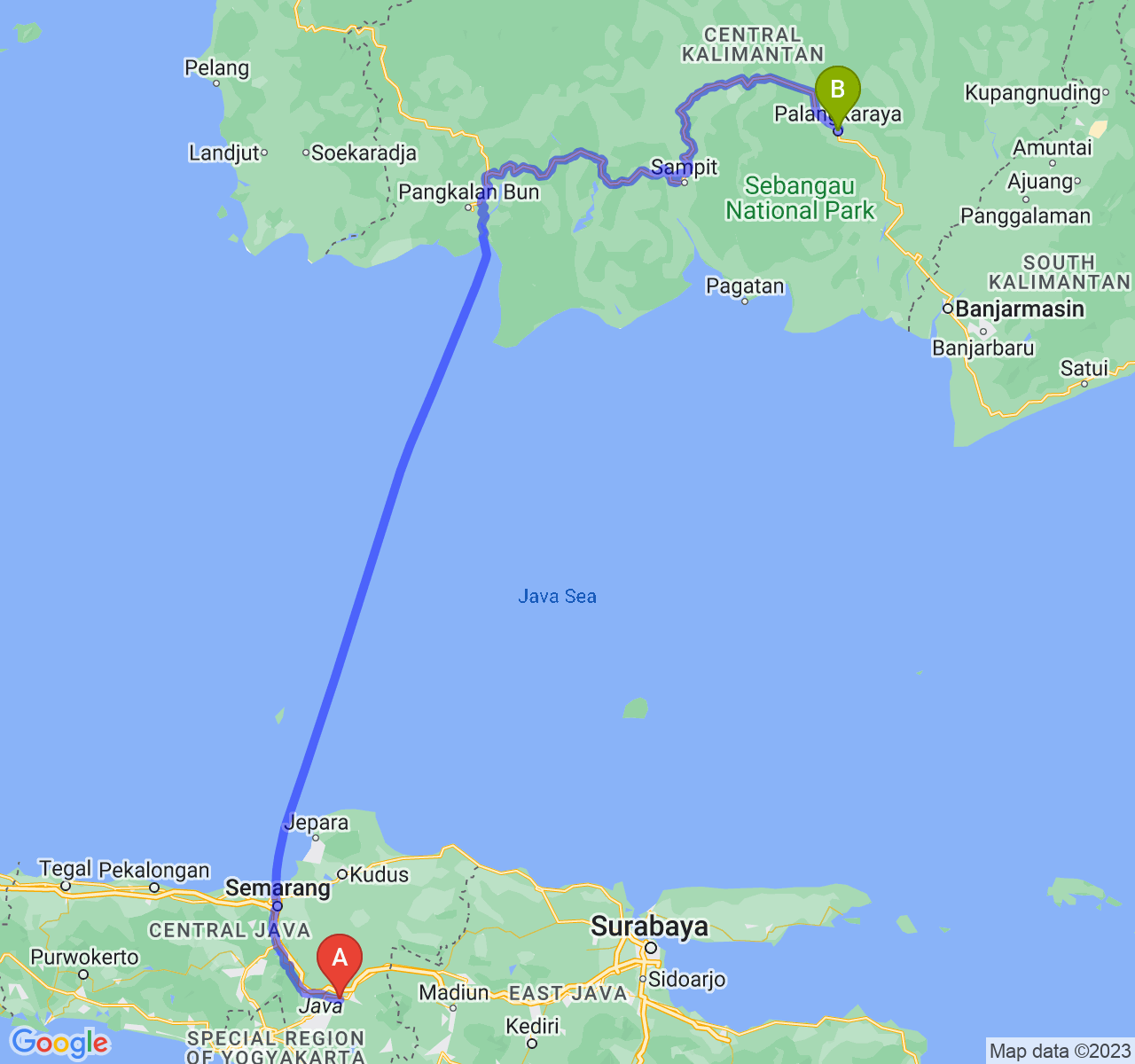 rute perjalanan Kota Surakarta-Kota Palangka Raya