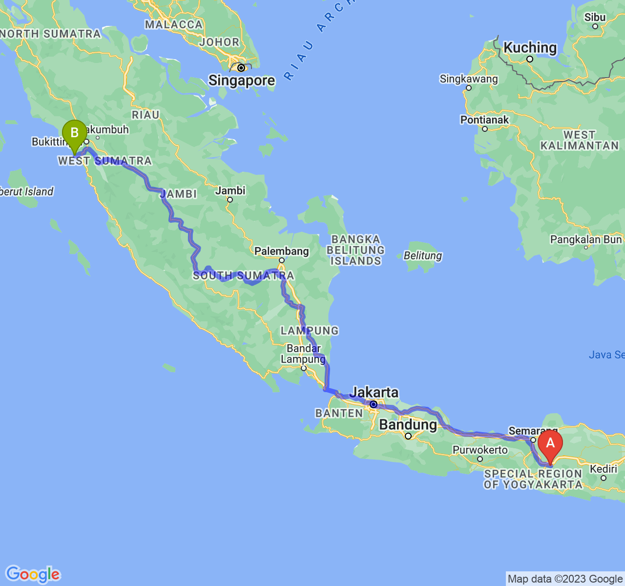 rute perjalanan Kota Surakarta-Kota Pariaman