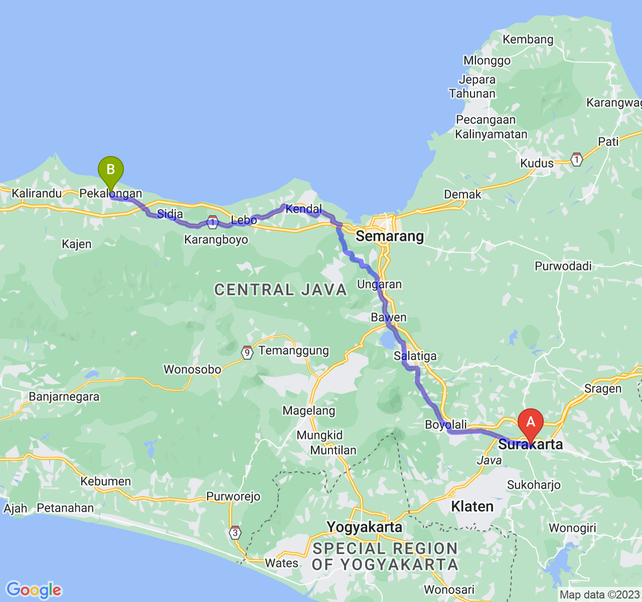 rute perjalanan Kota Surakarta-Kota Pekalongan