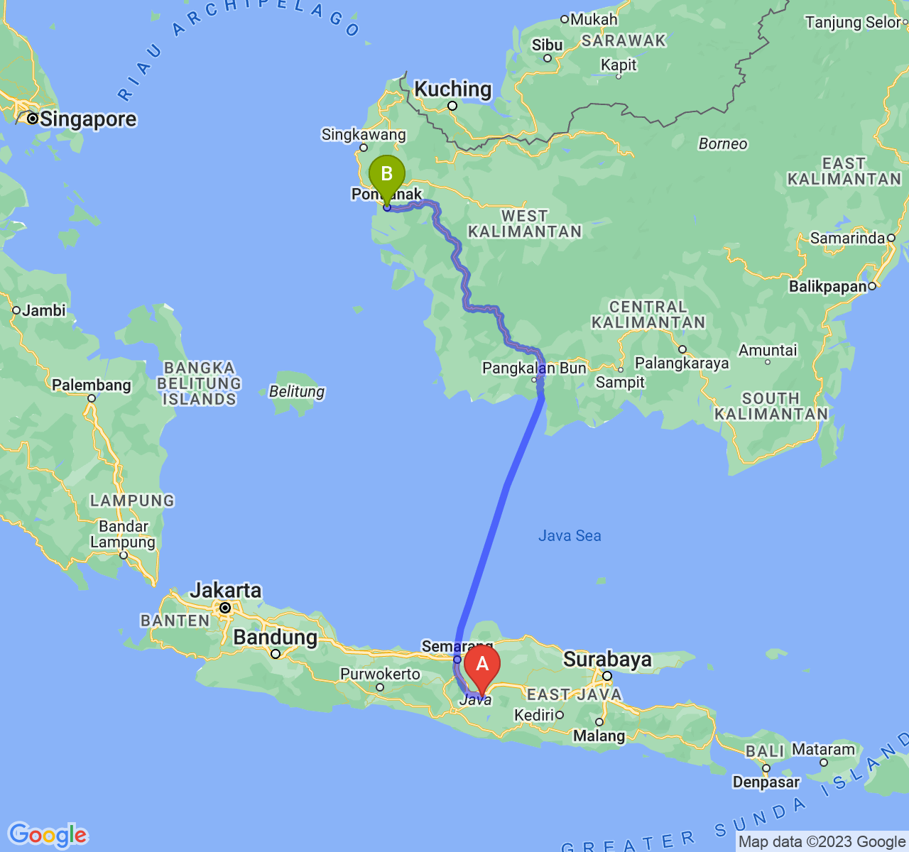 rute perjalanan Kota Surakarta-Kota Pontianak