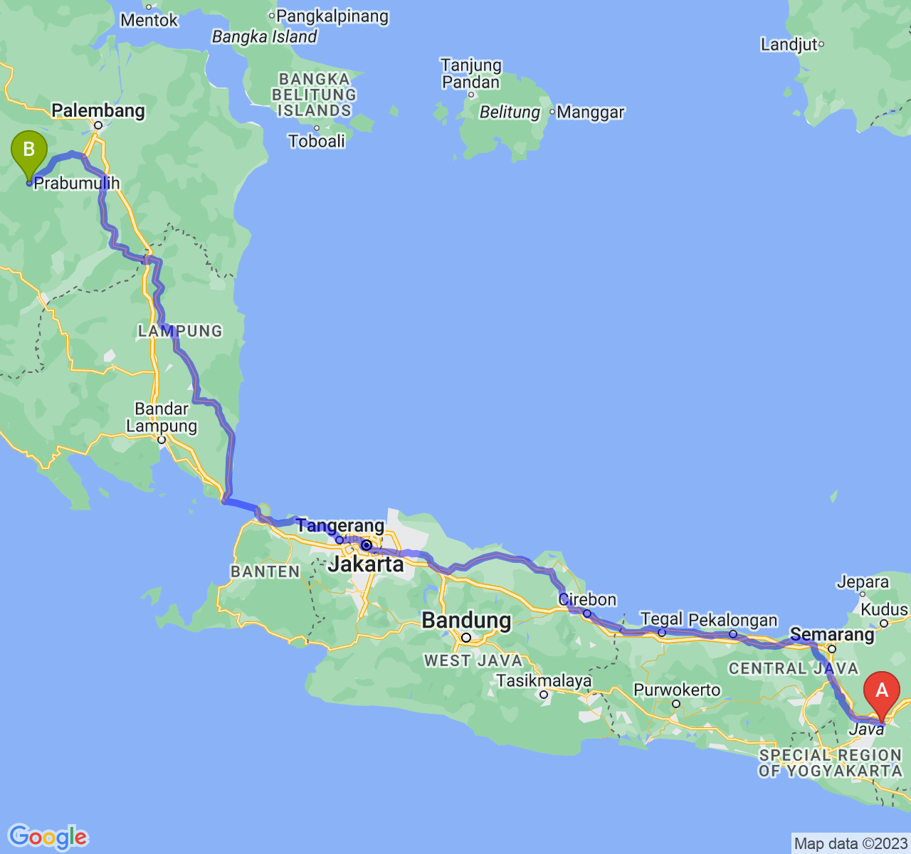 rute perjalanan Kota Surakarta-Kota Prabumulih