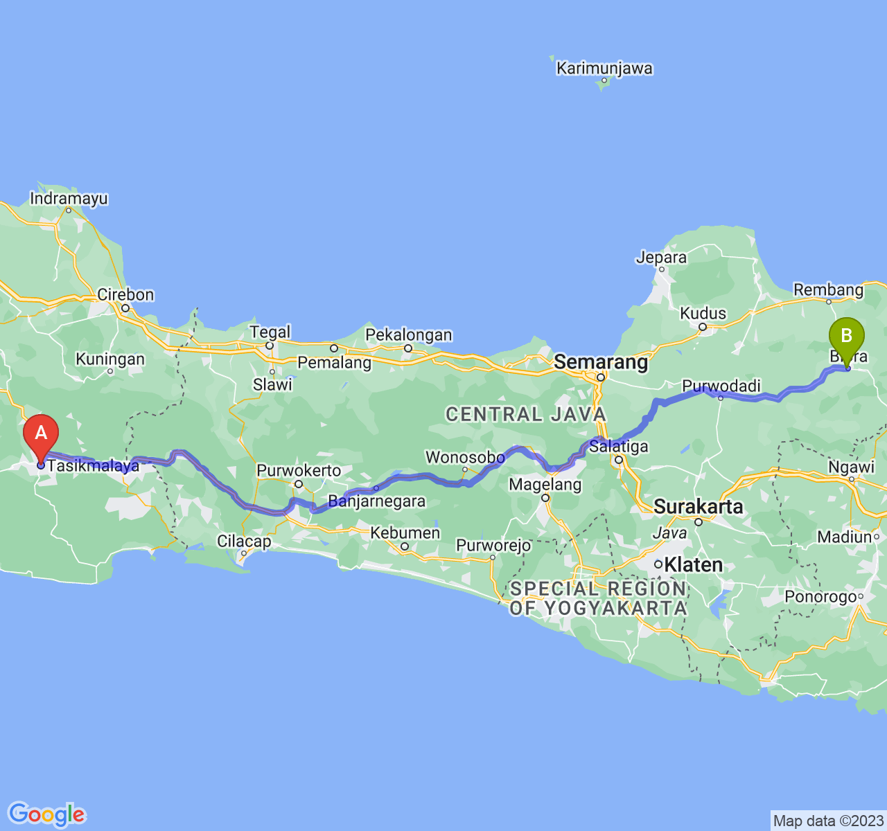 rute perjalanan Kota Tasikmalaya-Kab. Blora