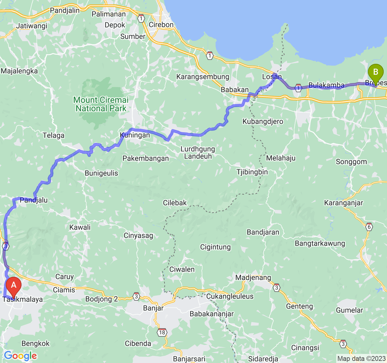 rute perjalanan Kota Tasikmalaya-Kab. Brebes