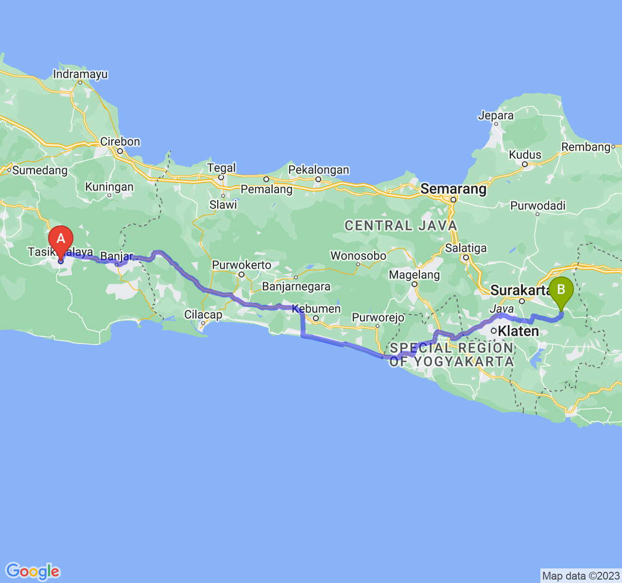 rute perjalanan Kota Tasikmalaya-Kab. Karanganyar