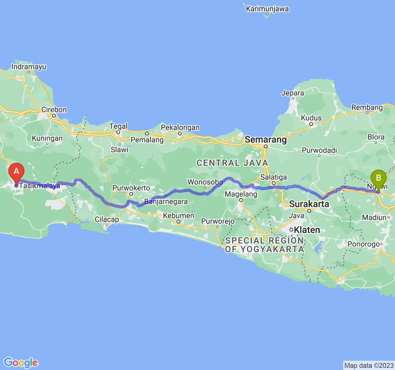 rute perjalanan Kota Tasikmalaya-Kab. Ngawi