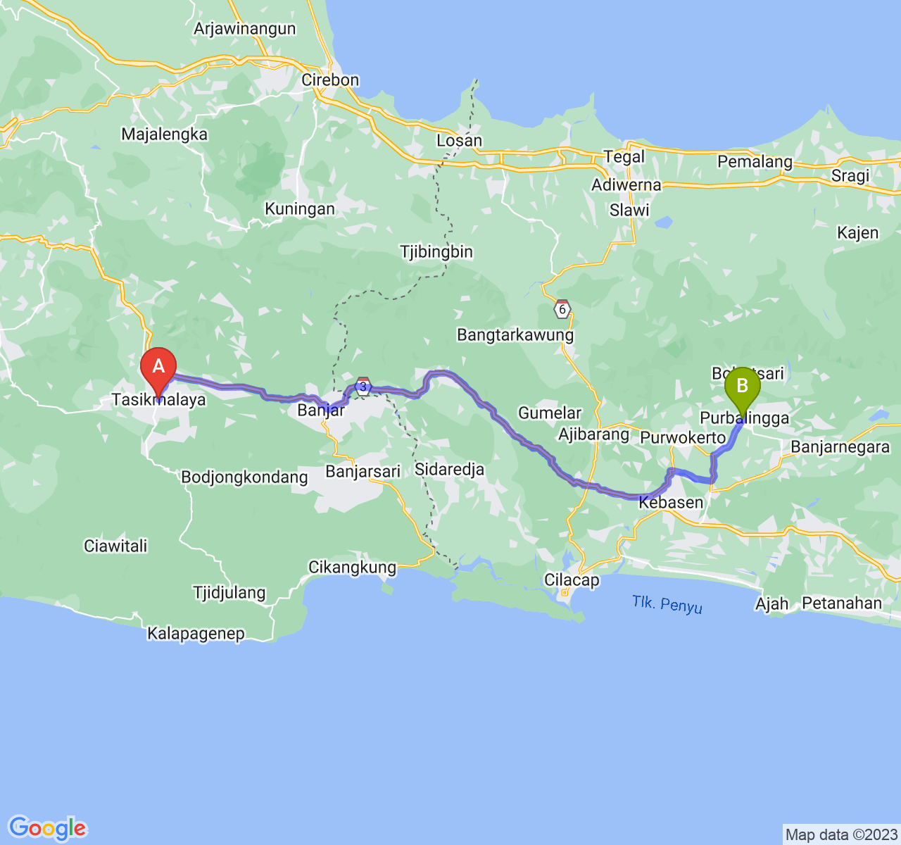 rute perjalanan Kota Tasikmalaya-Kab. Purbalingga