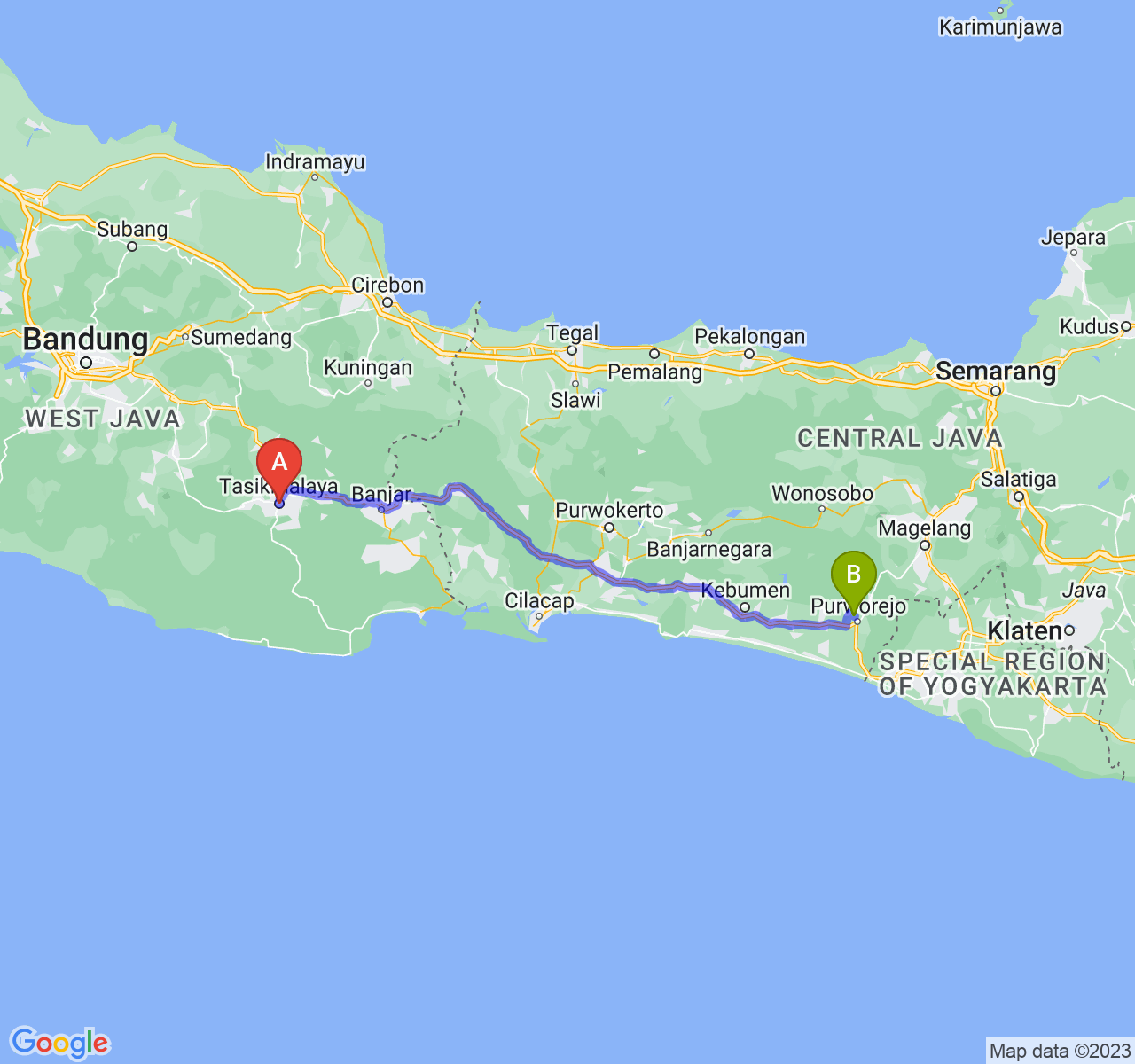 rute perjalanan Kota Tasikmalaya-Kab. Purworejo