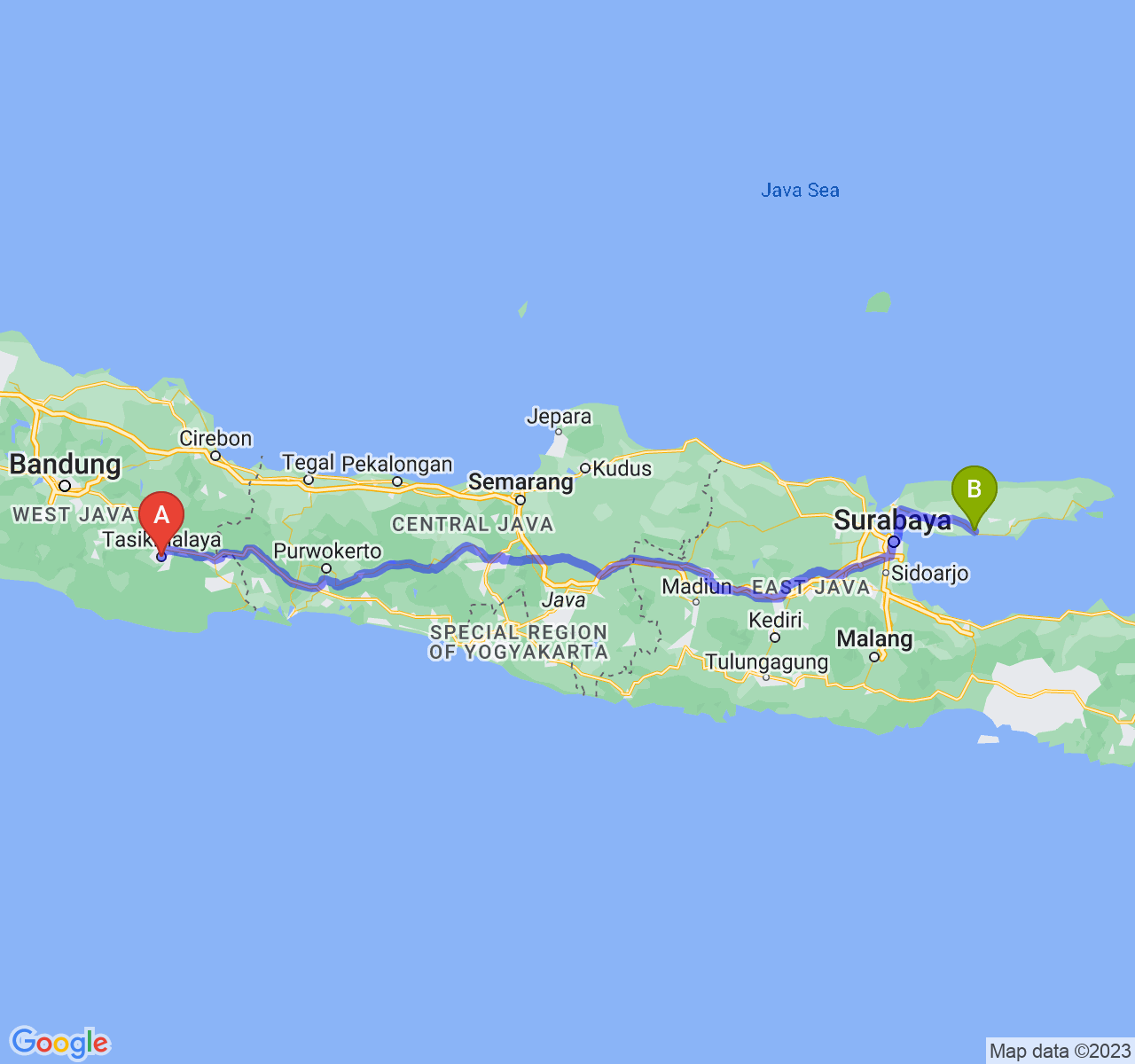 rute perjalanan Kota Tasikmalaya-Kab. Sampang