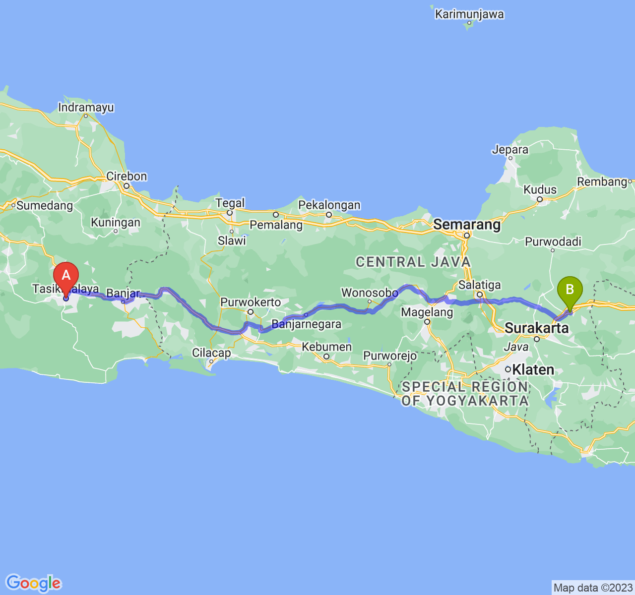 rute perjalanan Kota Tasikmalaya-Kab. Sragen