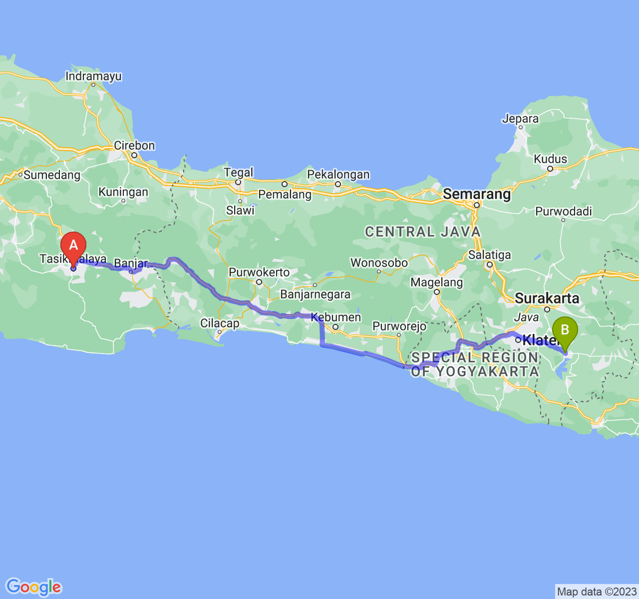 rute perjalanan Kota Tasikmalaya-Kab. Wonogiri