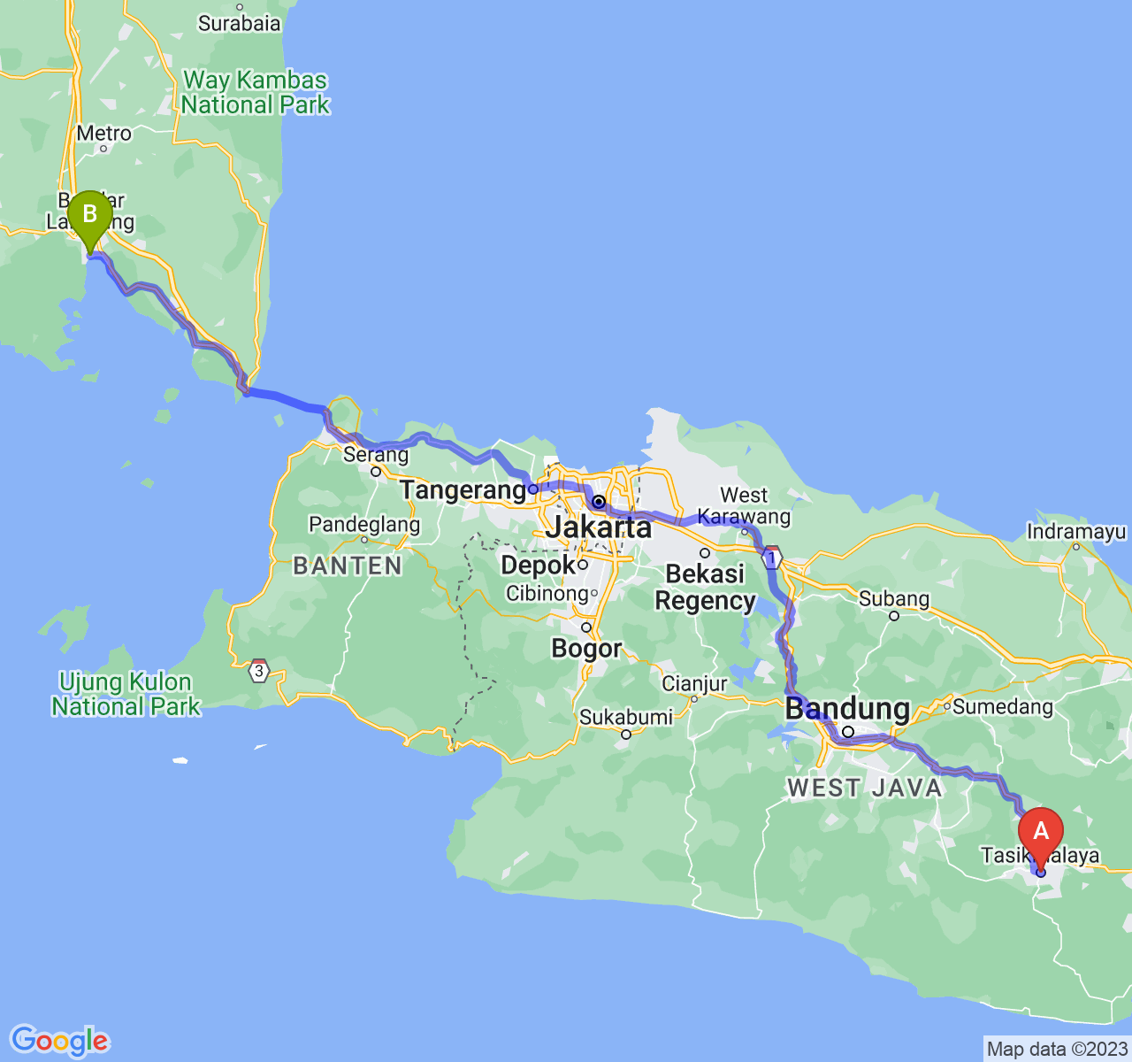 rute perjalanan Kota Tasikmalaya-Kota Bandar Lampung