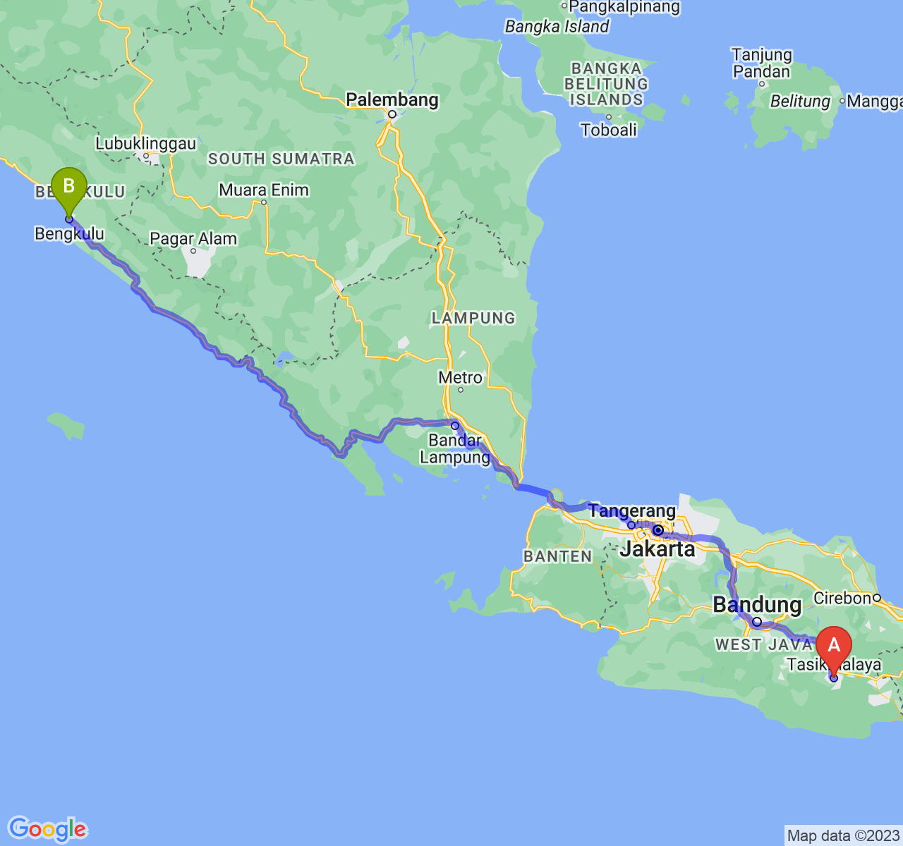 rute perjalanan Kota Tasikmalaya-Kota Bengkulu