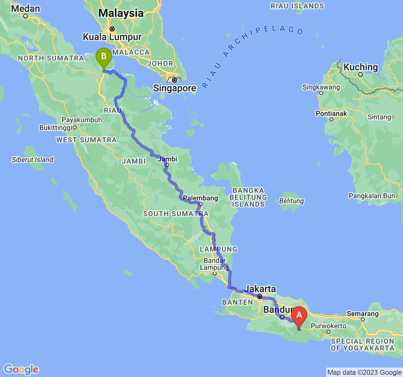 rute perjalanan Kota Tasikmalaya-Kota Dumai