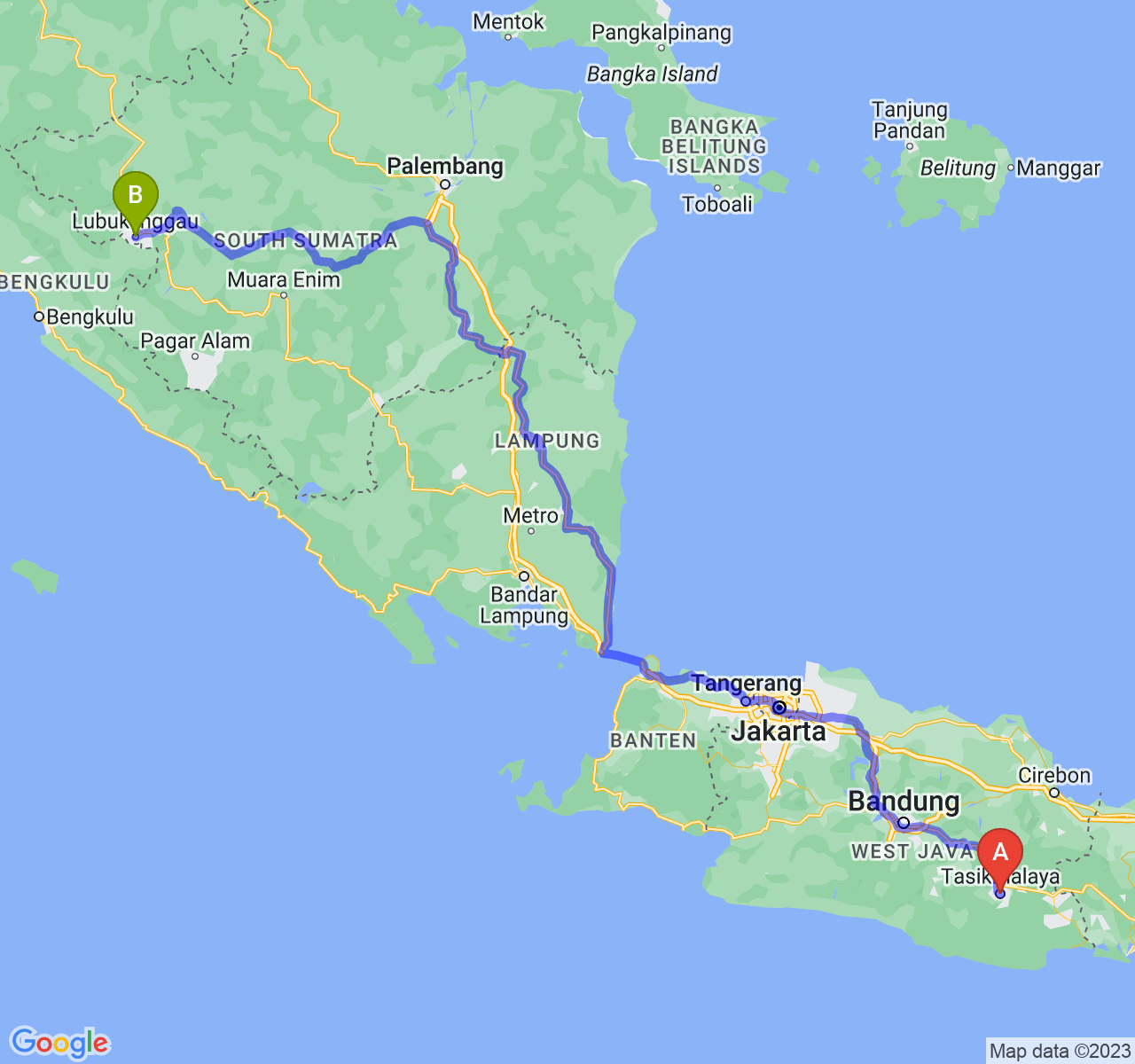 rute perjalanan Kota Tasikmalaya-Kota Lubuk Linggau