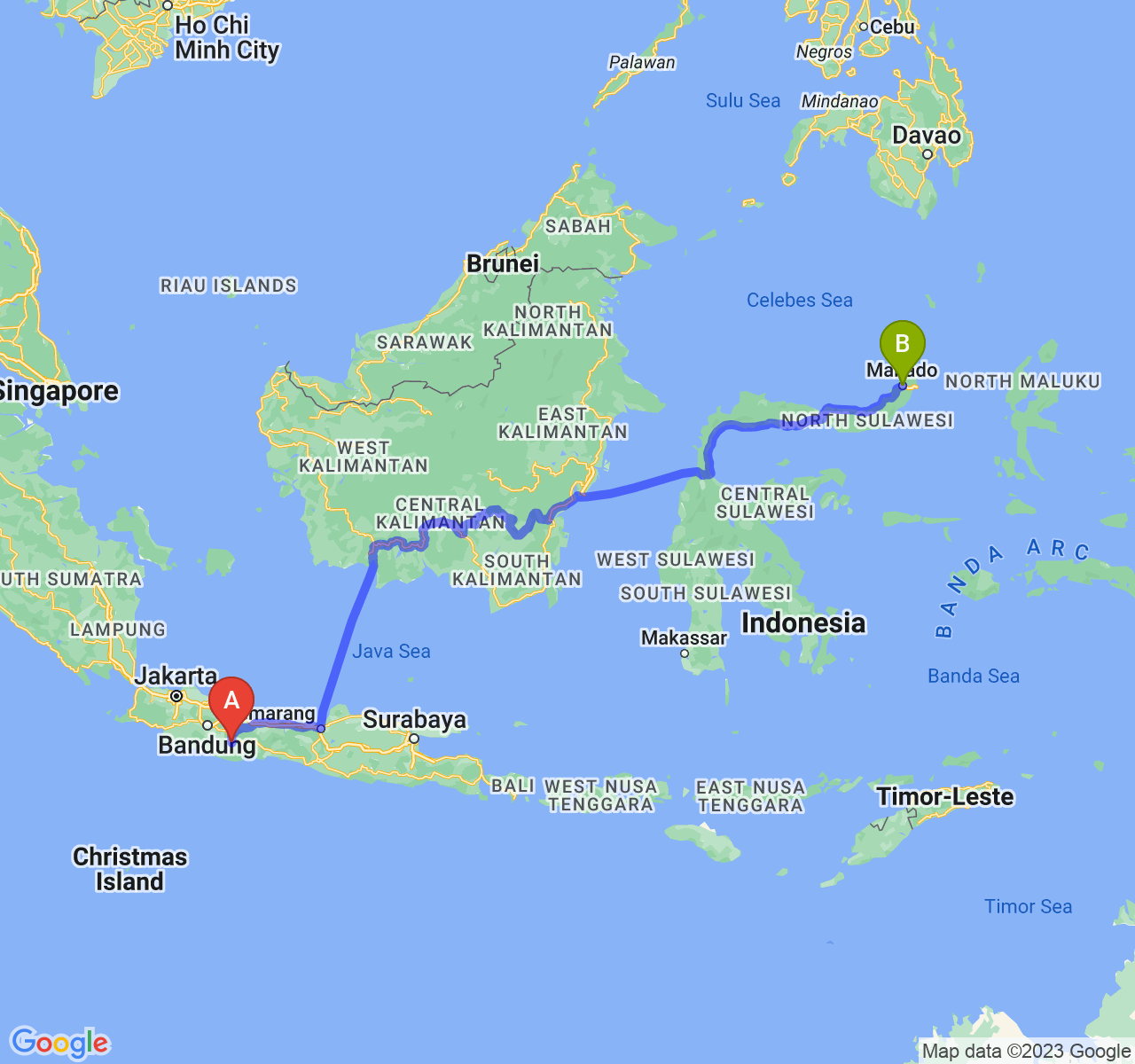 rute perjalanan Kota Tasikmalaya-Kota Manado