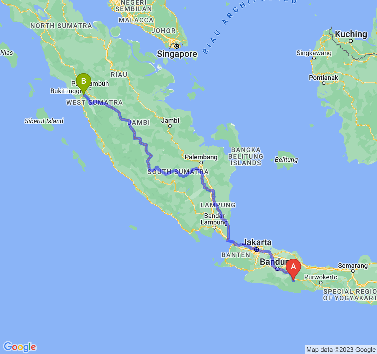 rute perjalanan Kota Tasikmalaya-Kota Padang Panjang