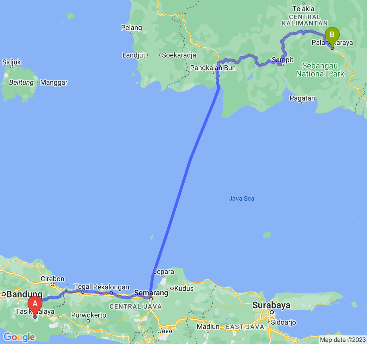 rute perjalanan Kota Tasikmalaya-Kota Palangka Raya